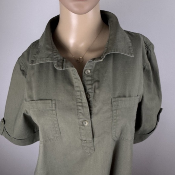 Karen Scott Dress Womens Sz M Green Cotton 1/4 Button Utility Shirt Short Sleeve - Picture 3 of 16